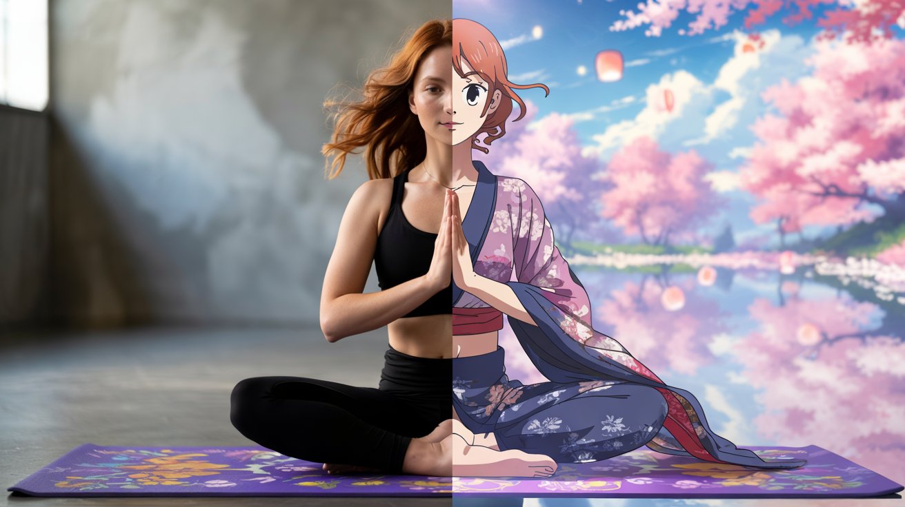 Animated character practicing yoga with a scenic background