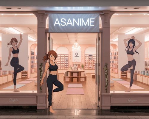 Storefront with 'ASANIME' sign and animated character graphics.