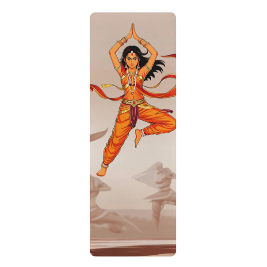 Natural rubber yoga mat with colorful arc pattern. Soothing yoga mat with an ethereal anime character channeling air and water elements, in calming aqua tones with flowing hair and dynamic movement.