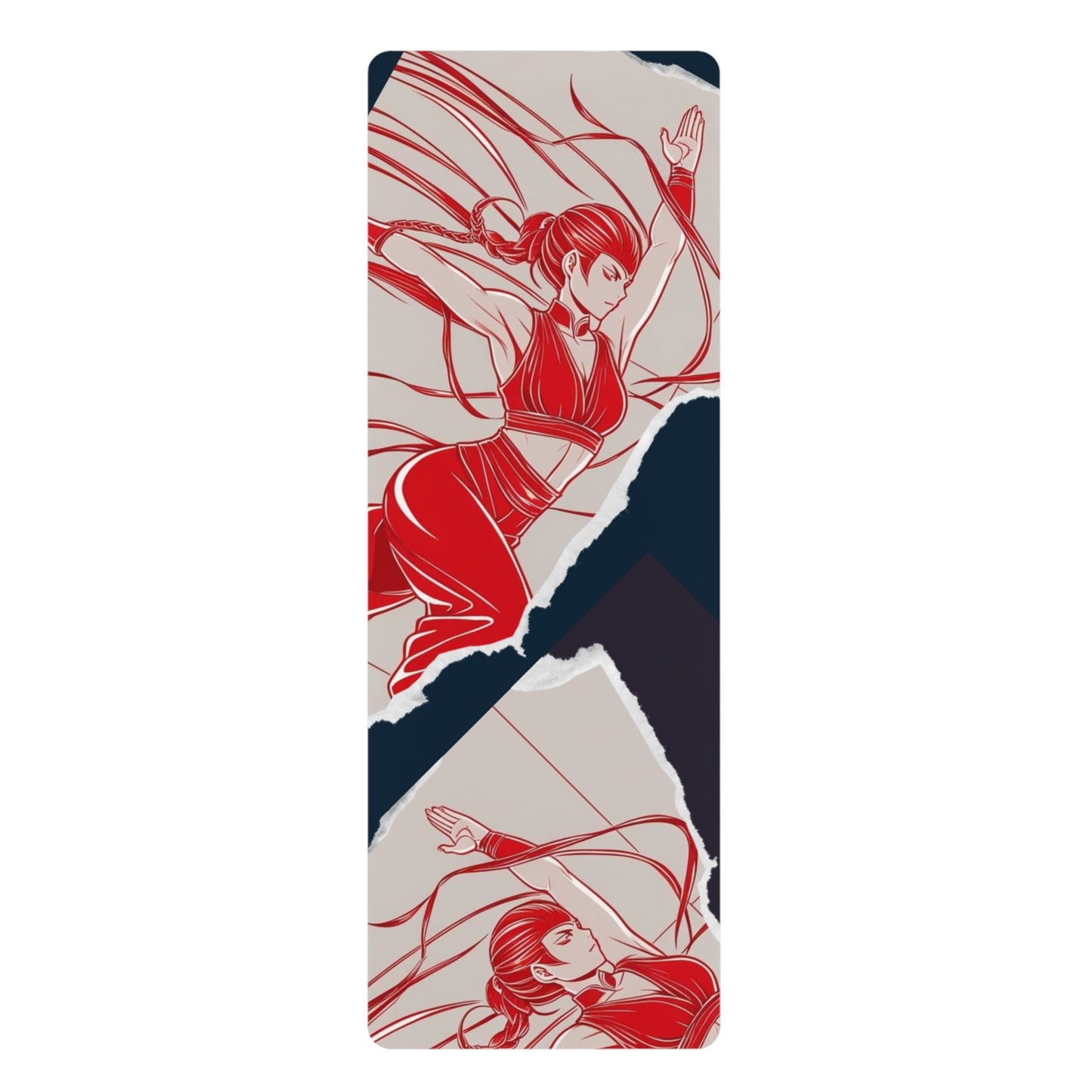 Soothing yoga mat with an ethereal anime character channeling air and water elements, in calming aqua tones with flowing hair and dynamic movement.