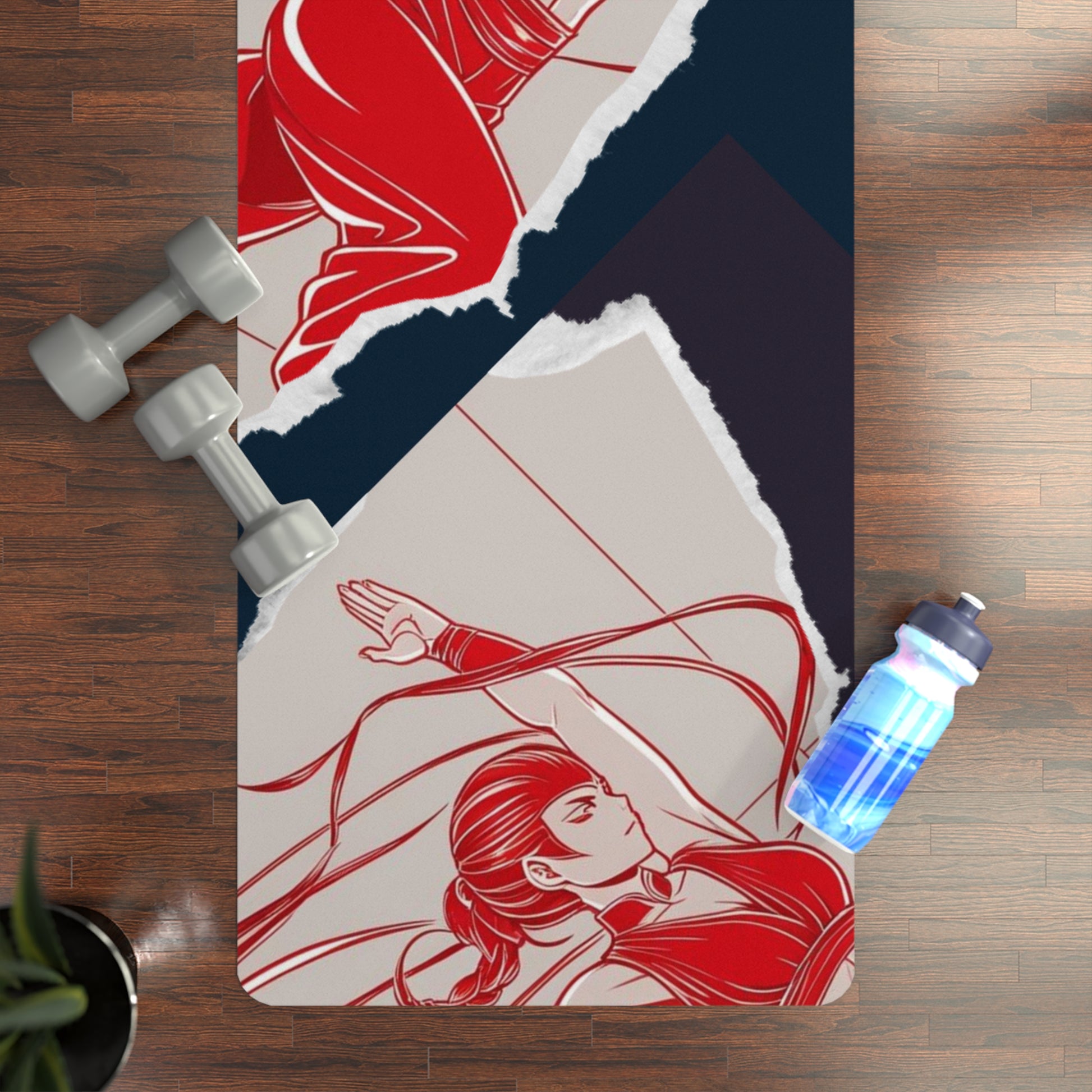 Yoga mat with red and white design on a wooden floor with dumbbells and a water bottle.