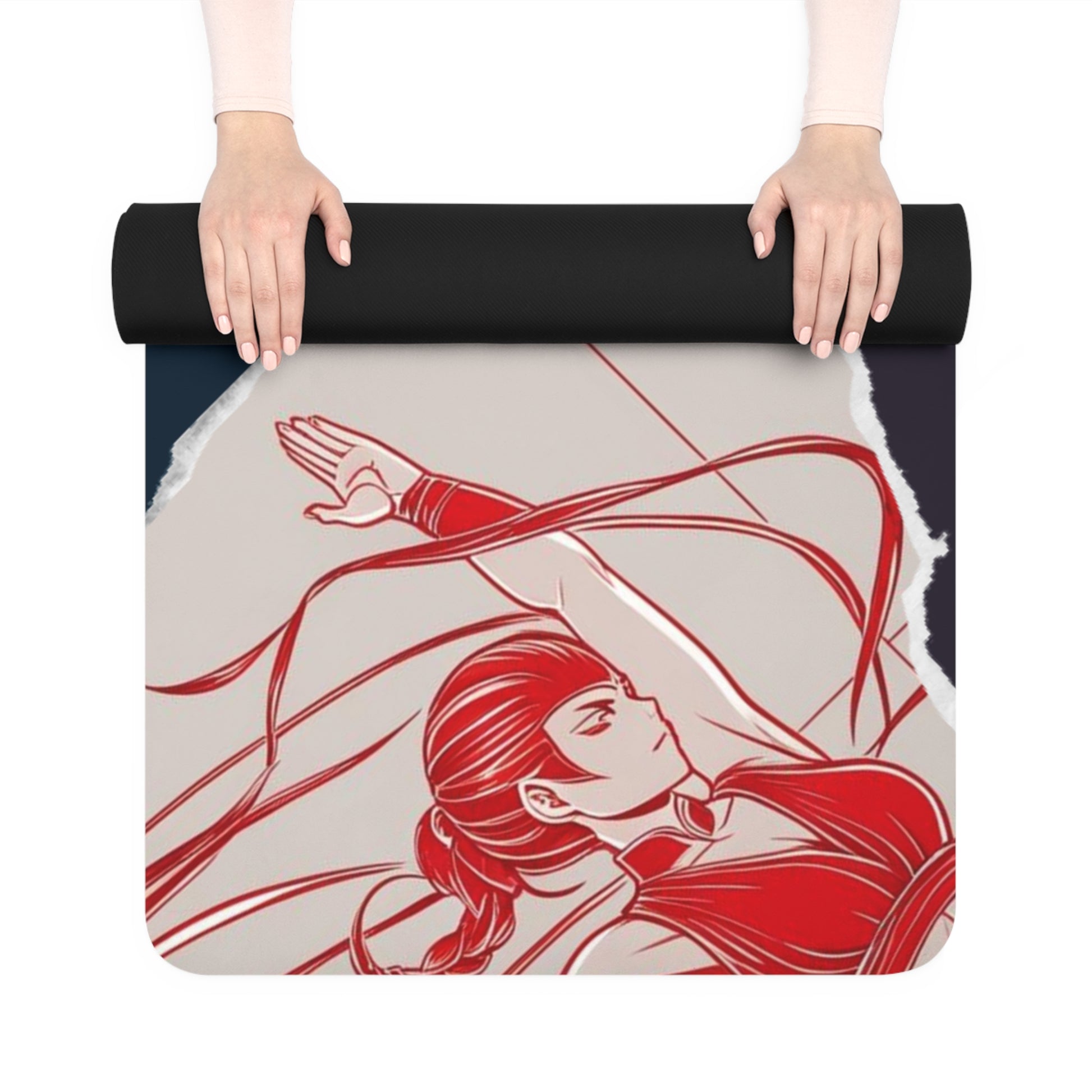 Yoga mat with red and black design of a person in a dynamic pose, held by two hands.