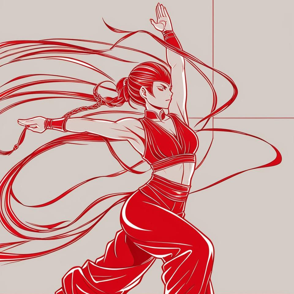 Red line art of a warrior with flowing robes on a beige background