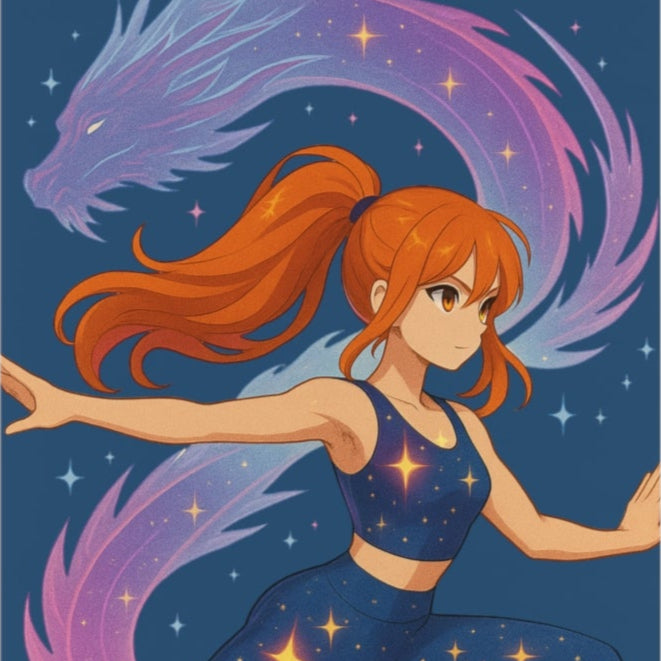 Animated character with orange hair and a dragon in the background