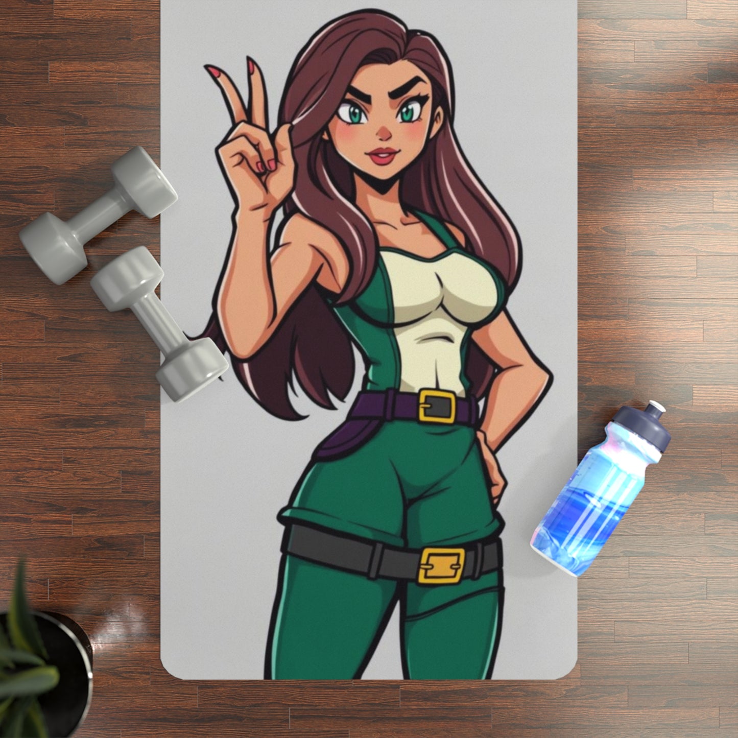 Yoga mat with a cartoon character design on a wooden floor with dumbbells and a water bottle.