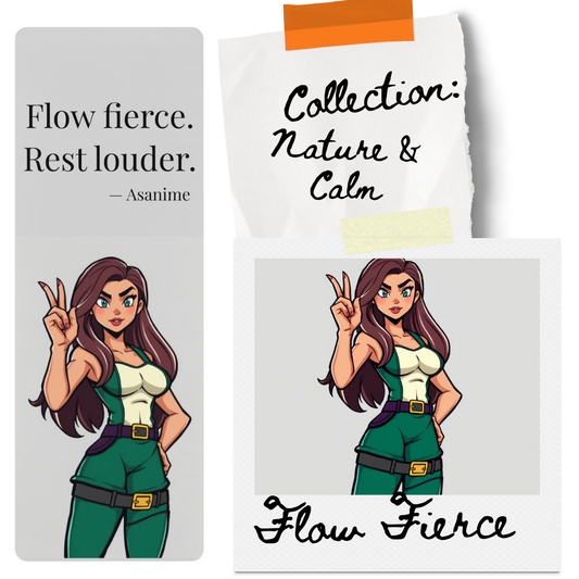Flow Fierce anime yoga mat featuring a confident brunette heroine flashing a peace sign, paired with the quote “Flow fierce. Rest louder.” on a soft natural background. Part of ASANIME’s Nature & Calm collection