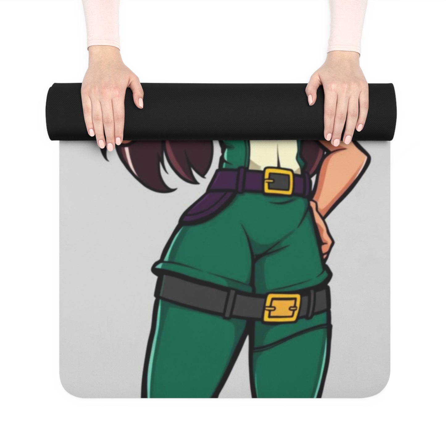 Yoga mat with an anime character design rolled up