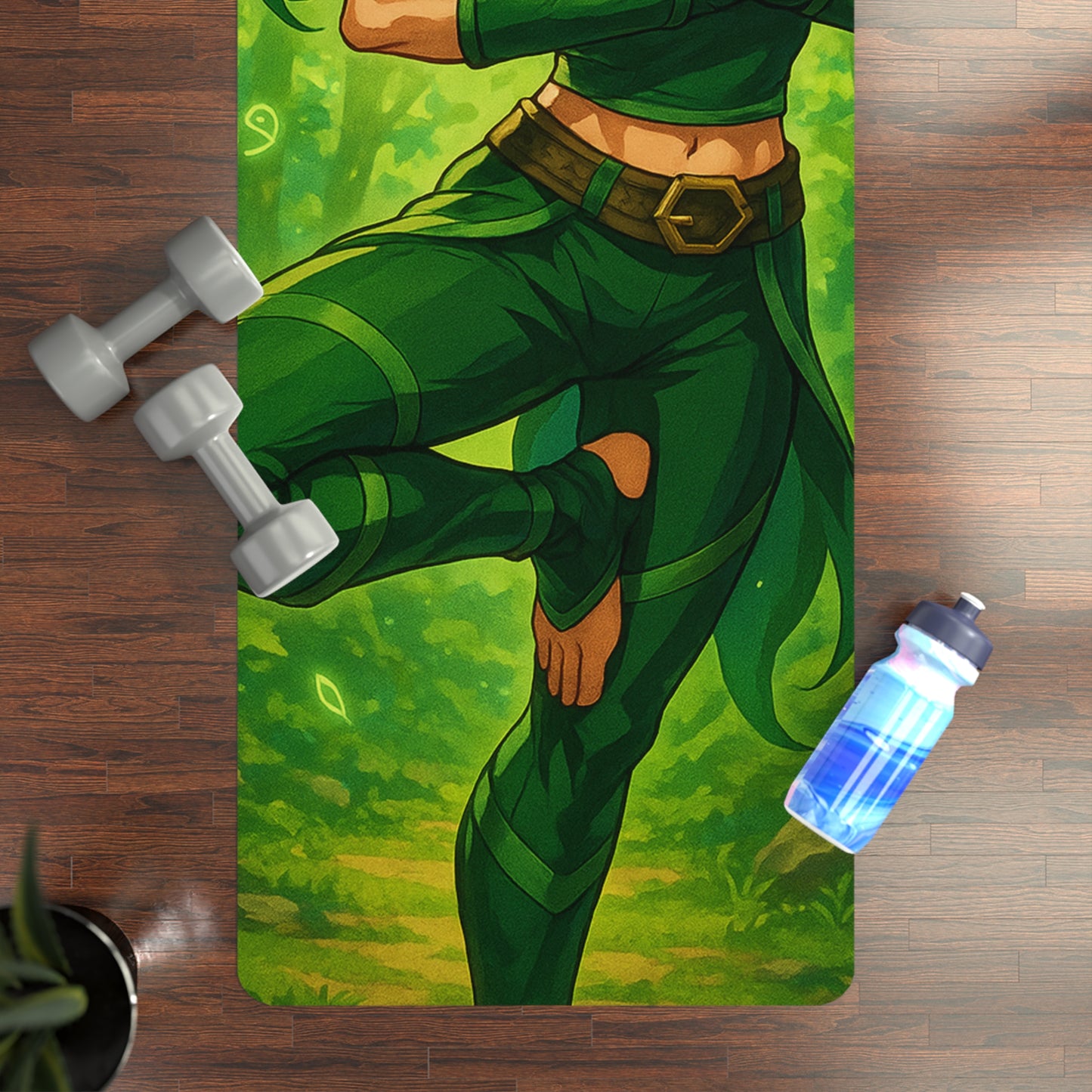 Yoga mat with green anime hero design on a wooden floor with dumbbells and a water bottle.