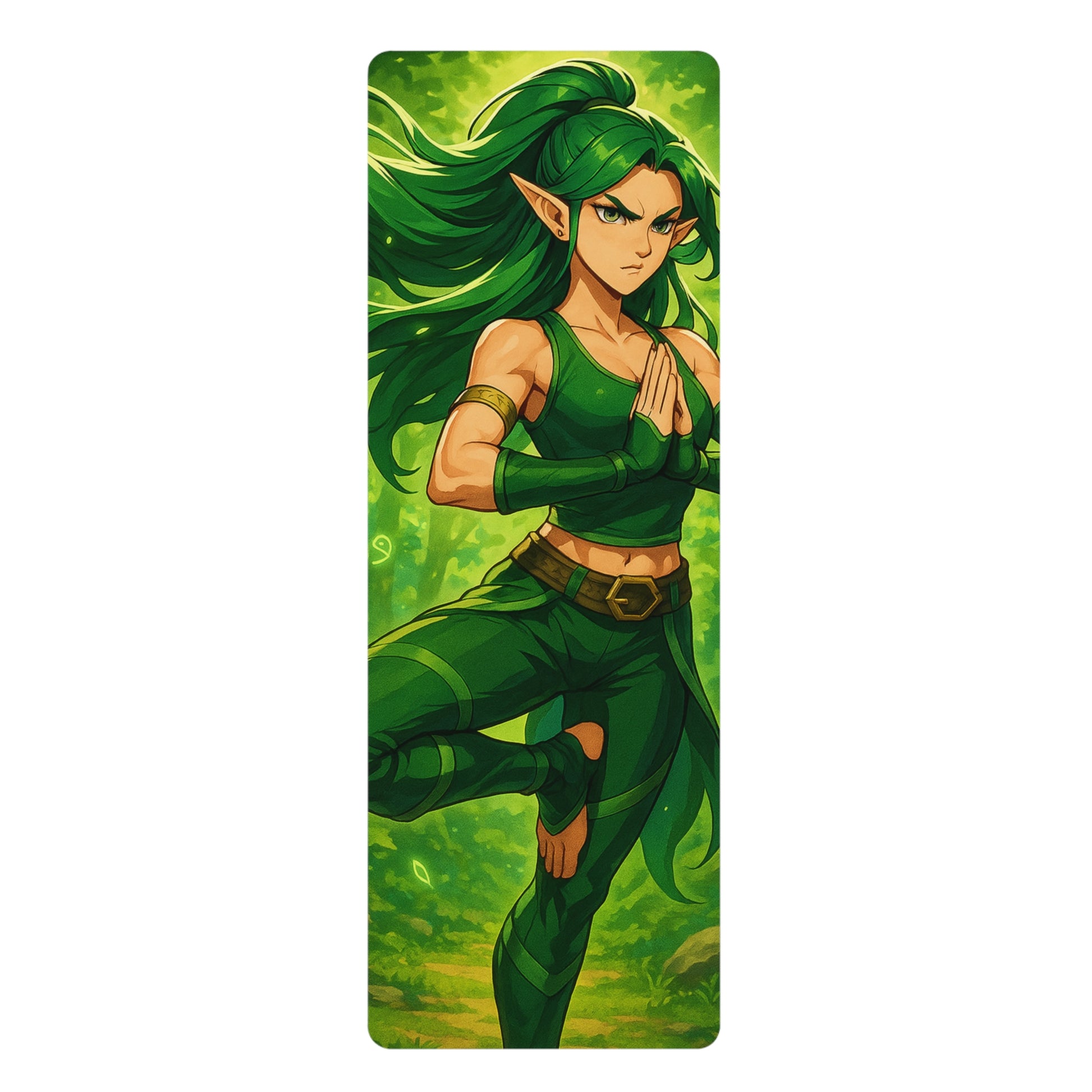 Yoga mat with an illustration of a green-skinned warrior with long hair and elven ears on a green background.