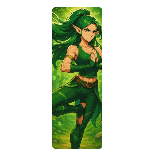 Yoga mat with an illustration of a green-skinned warrior with long hair and elven ears on a green background.