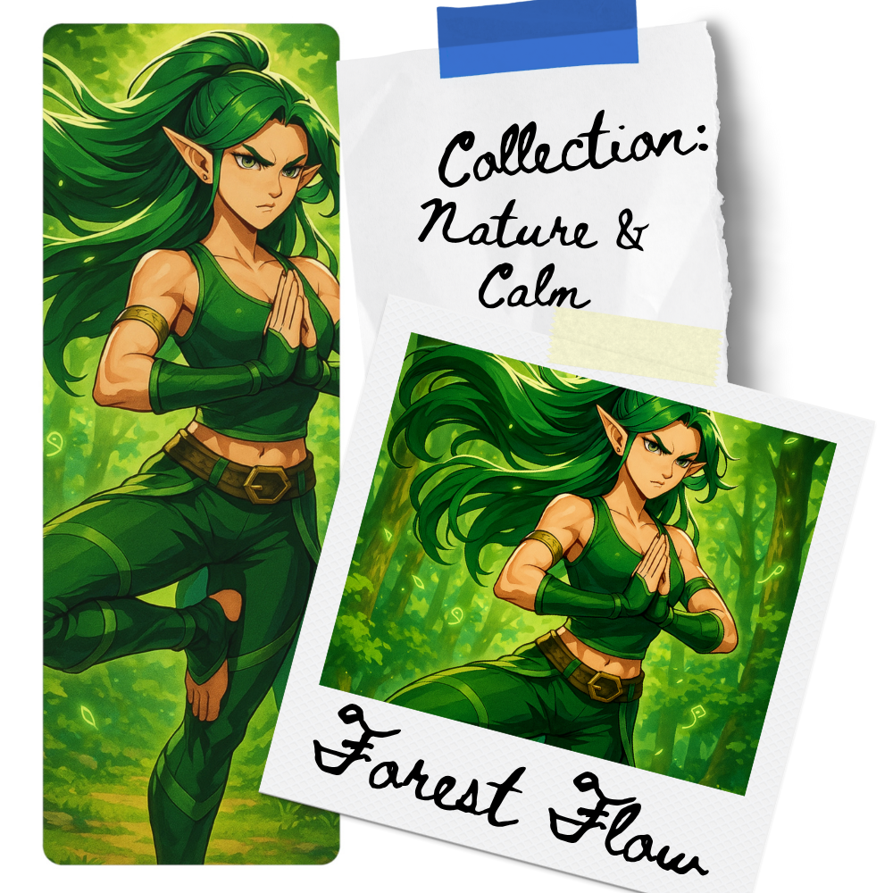 Forest Flow anime yoga mat featuring a fierce elf heroine in a tree pose, surrounded by lush green forest elements, from ASANIME’s Nature & Calm collection.
