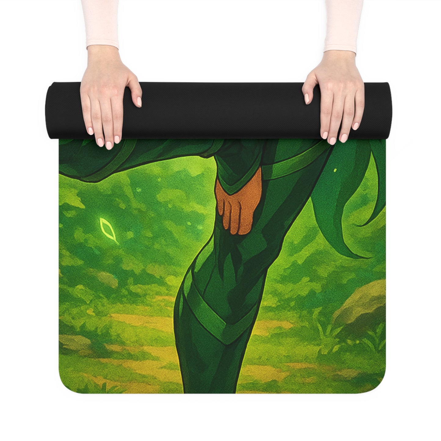 Yoga mat with nature-themed design held by a person