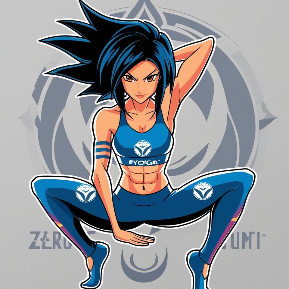 Animated character in blue athletic wear with a logo on a gray background