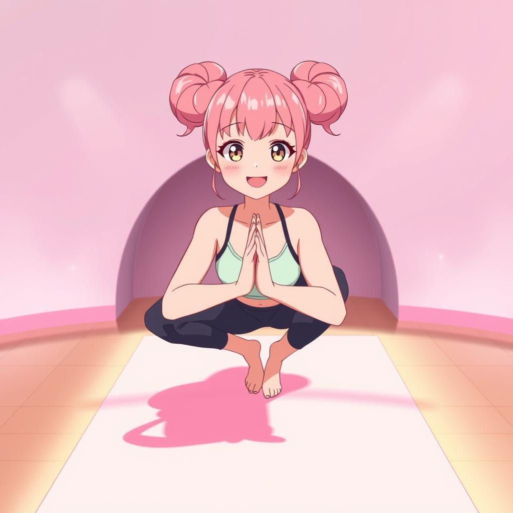 Anime character with pink hair in a yoga pose on a pink background