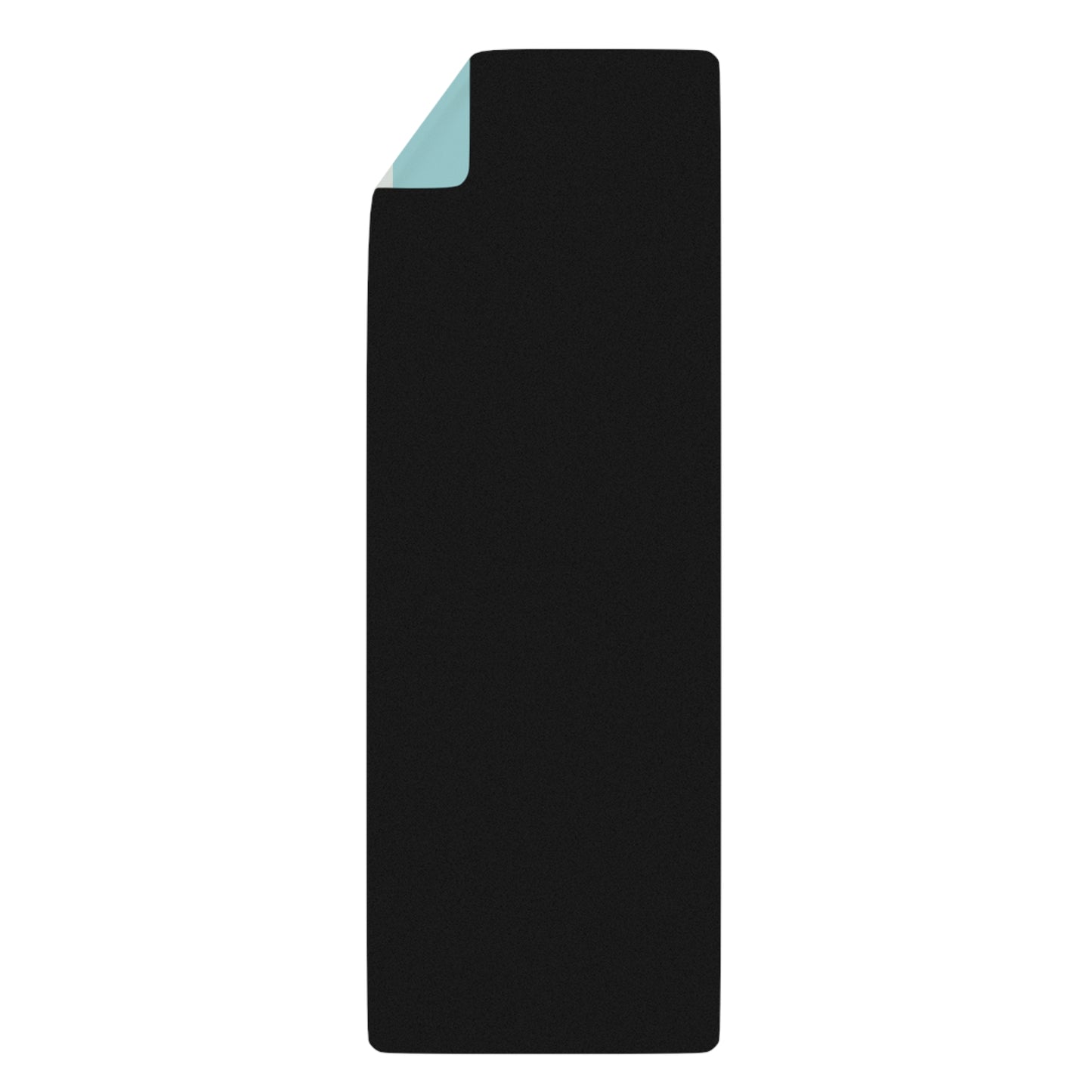 Back of mat, black rubber with a light blue corner on a white background