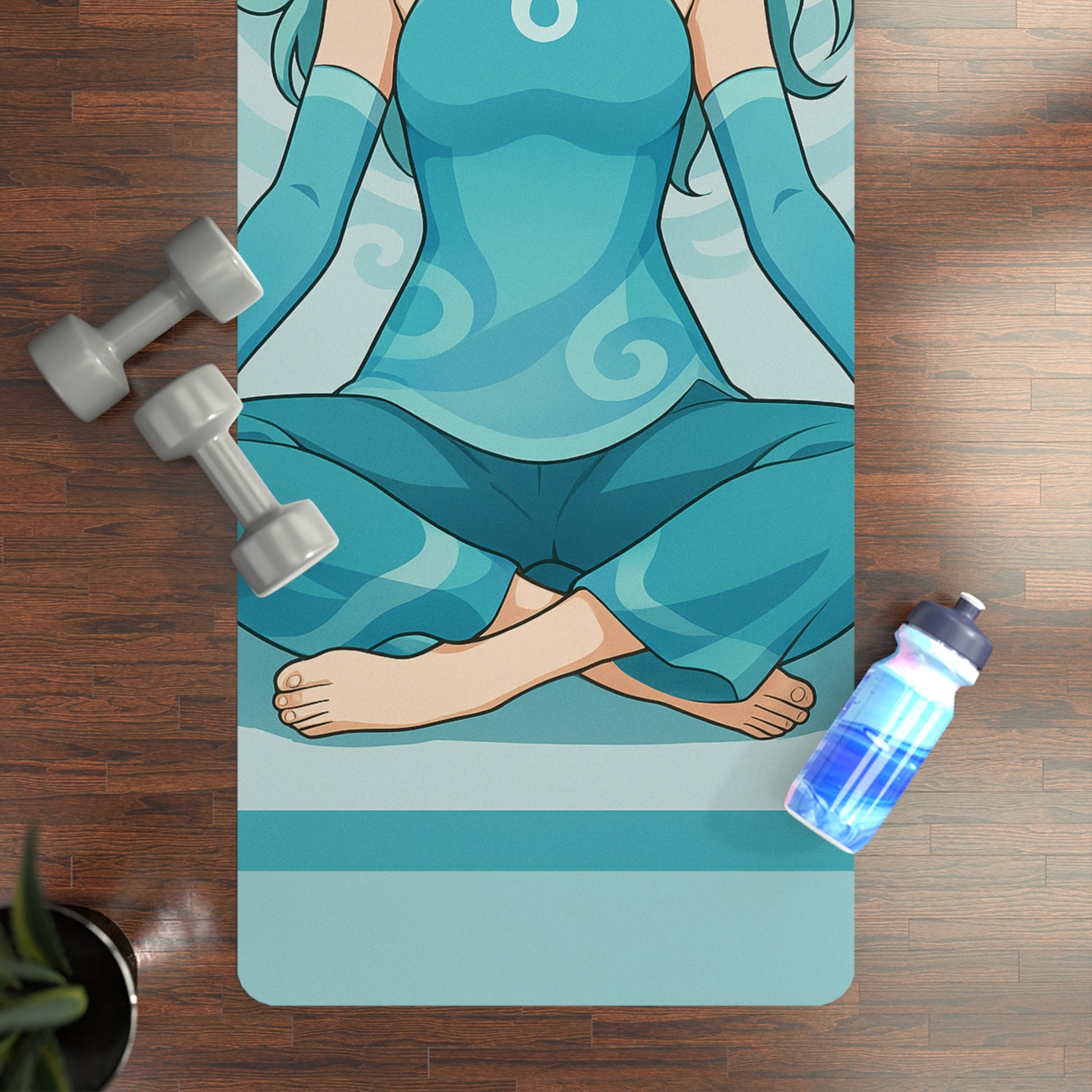 Yoga mat with a design of a anime character in a yoga pose, accompanied by dumbbells and a water bottle on a wooden floor.