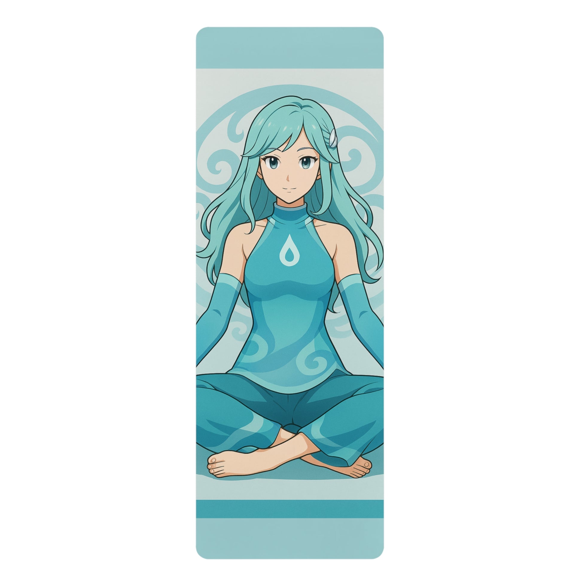 Soothing yoga mat with an ethereal anime character channeling air and water elements, in calming aqua tones with flowing hair and dynamic movement.