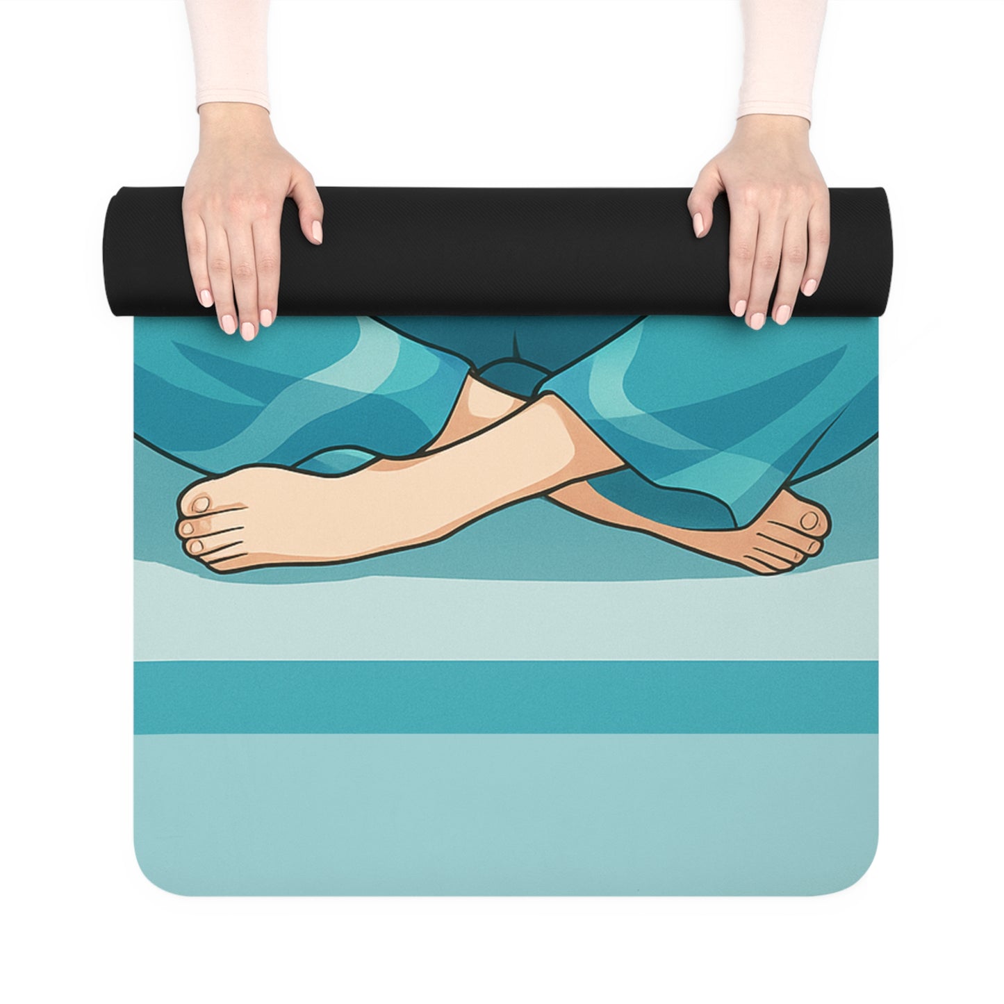 Yoga mat with cartoon feet design held by hands on a white background