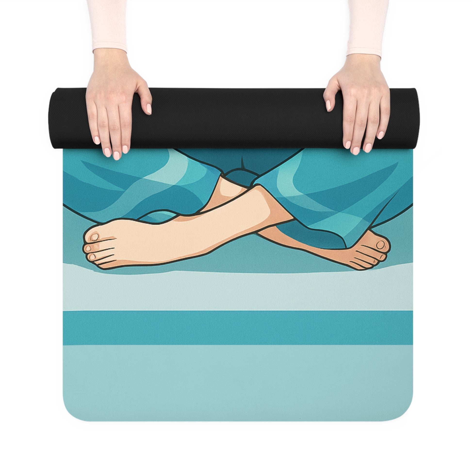Yoga mat with cartoon feet design held by hands on a white background