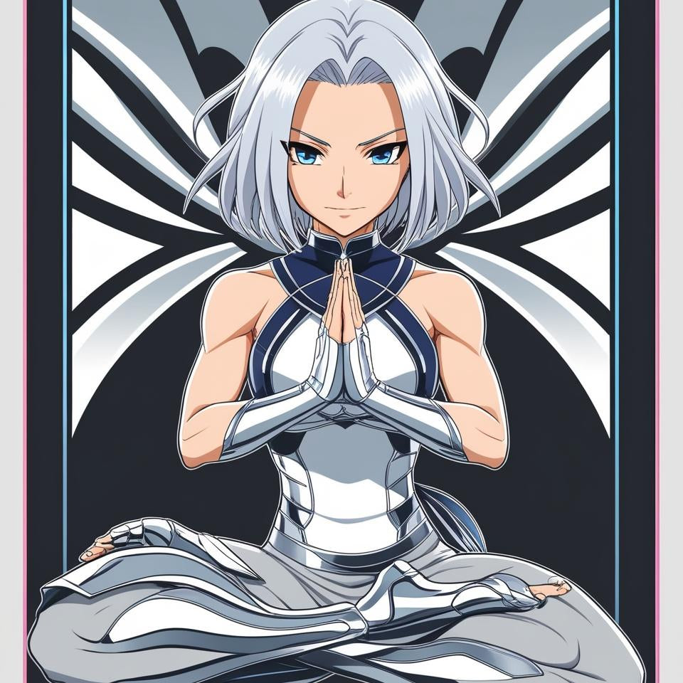 Animated character in a meditative pose with a stylized background
