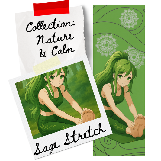 Sage Stretch anime yoga mat featuring a calm green-haired heroine in a seated forward bend, surrounded by mandala patterns and leafy forest tones from ASANIME’s Nature & Calm Collection.