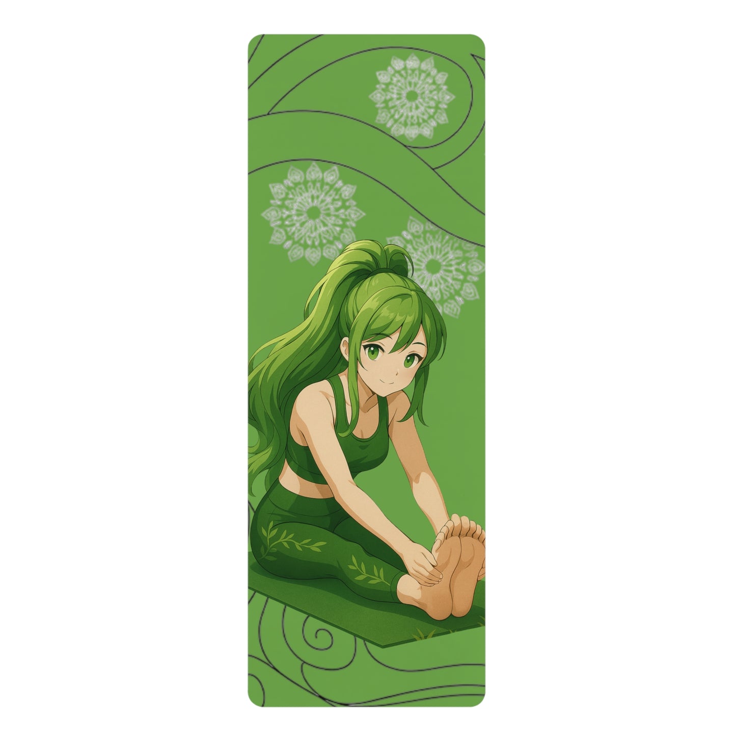 Nature-inspired yoga mat featuring a serene anime heroine in a forest setting, with green and earth tones symbolizing growth and balance.