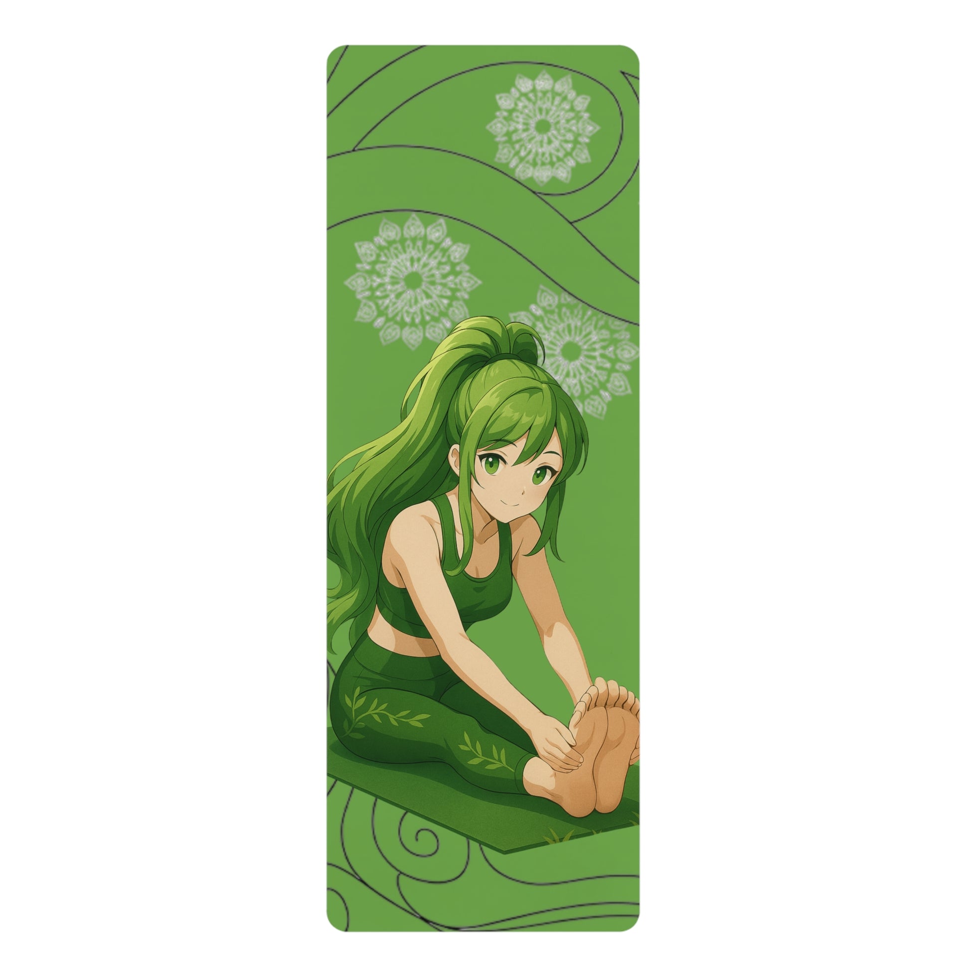 Nature-inspired yoga mat featuring a serene anime heroine in a forest setting, with green and earth tones symbolizing growth and balance.