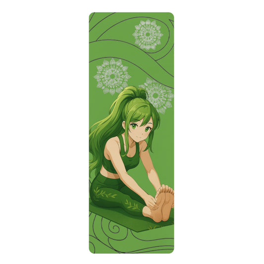 Nature-inspired yoga mat featuring a serene anime heroine in a forest setting, with green and earth tones symbolizing growth and balance.