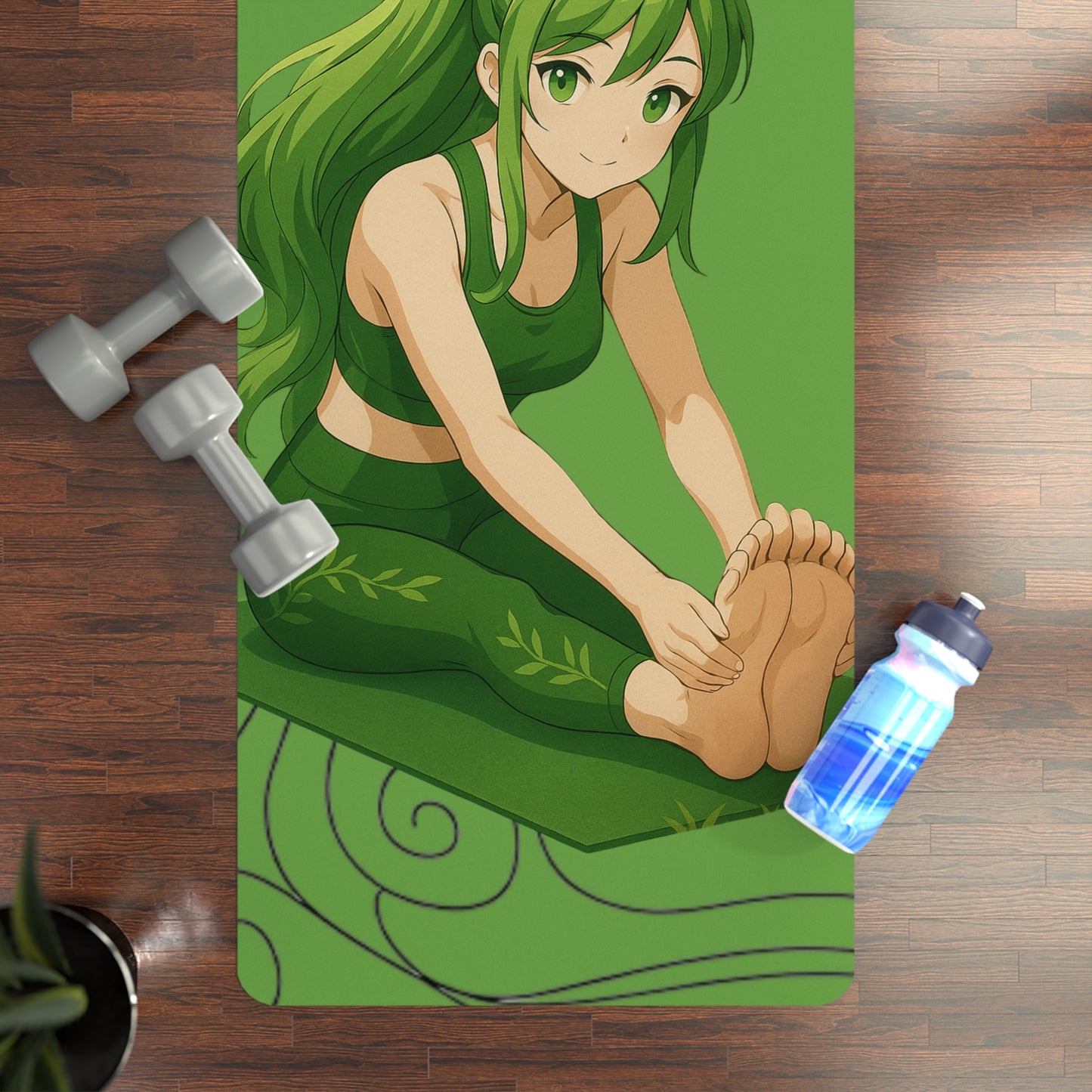 Yoga mat with an anime character stretching, accompanied by dumbbells and a water bottle on a wooden floor.