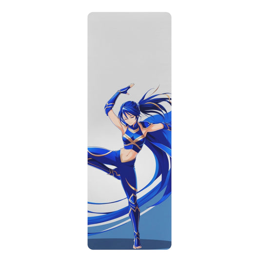 Soothing yoga mat with an ethereal anime character channeling air and water elements, in calming blue tones with flowing hair and dynamic movement.