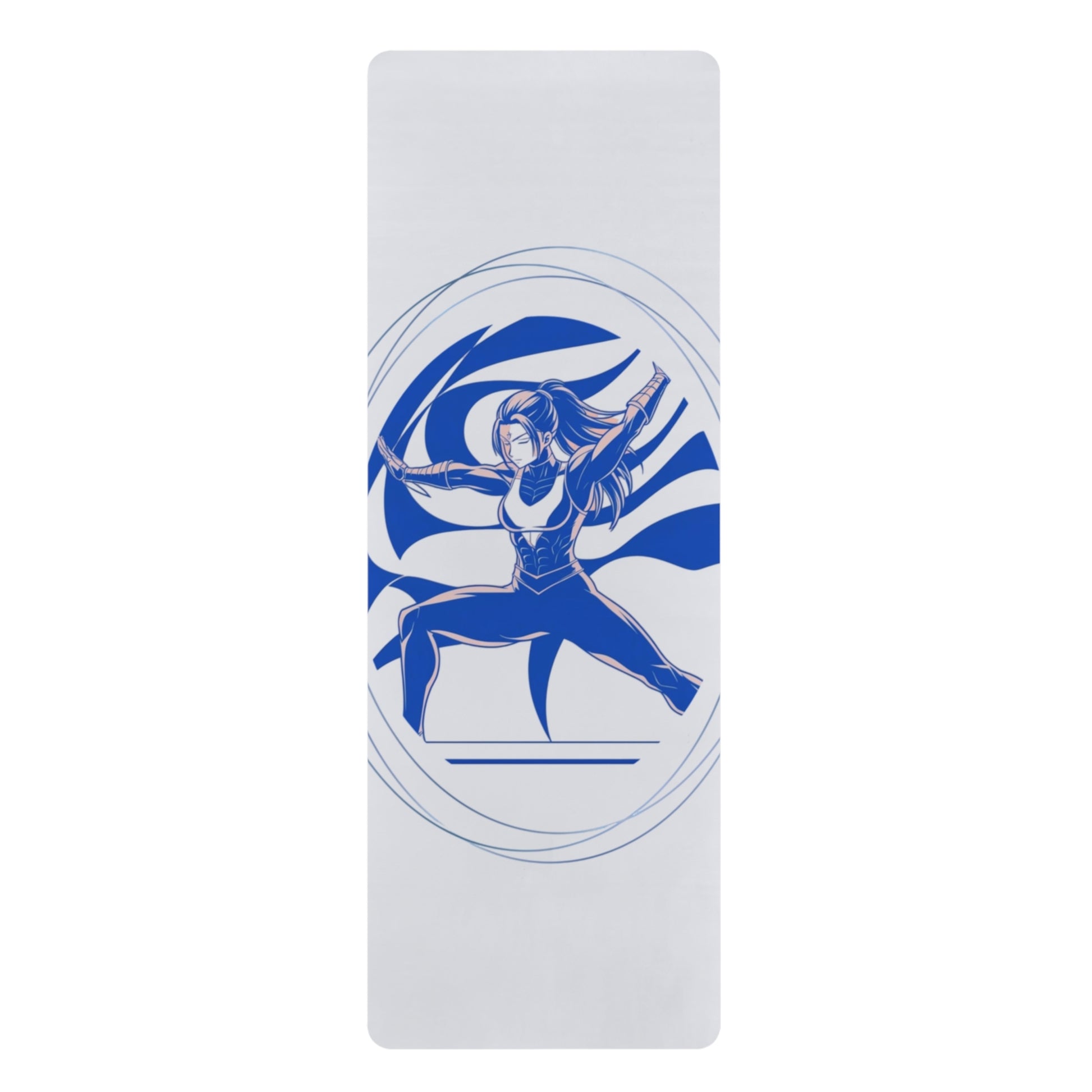 Soothing yoga mat with an ethereal anime character channeling air and water elements, in calming aqua tones with flowing hair and dynamic movement.
