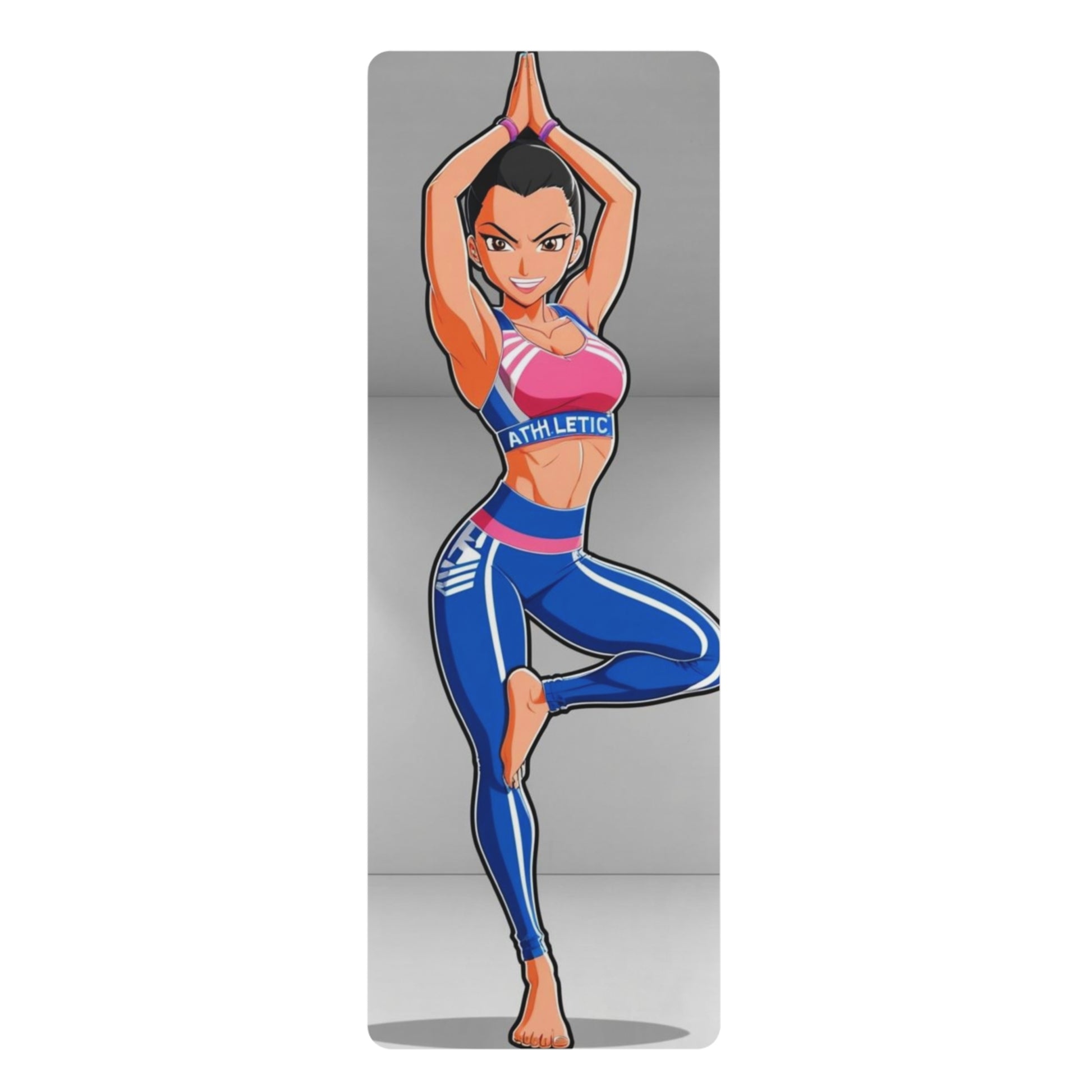 Yoga mat with a cartoon character in athletic wear on a gray background
