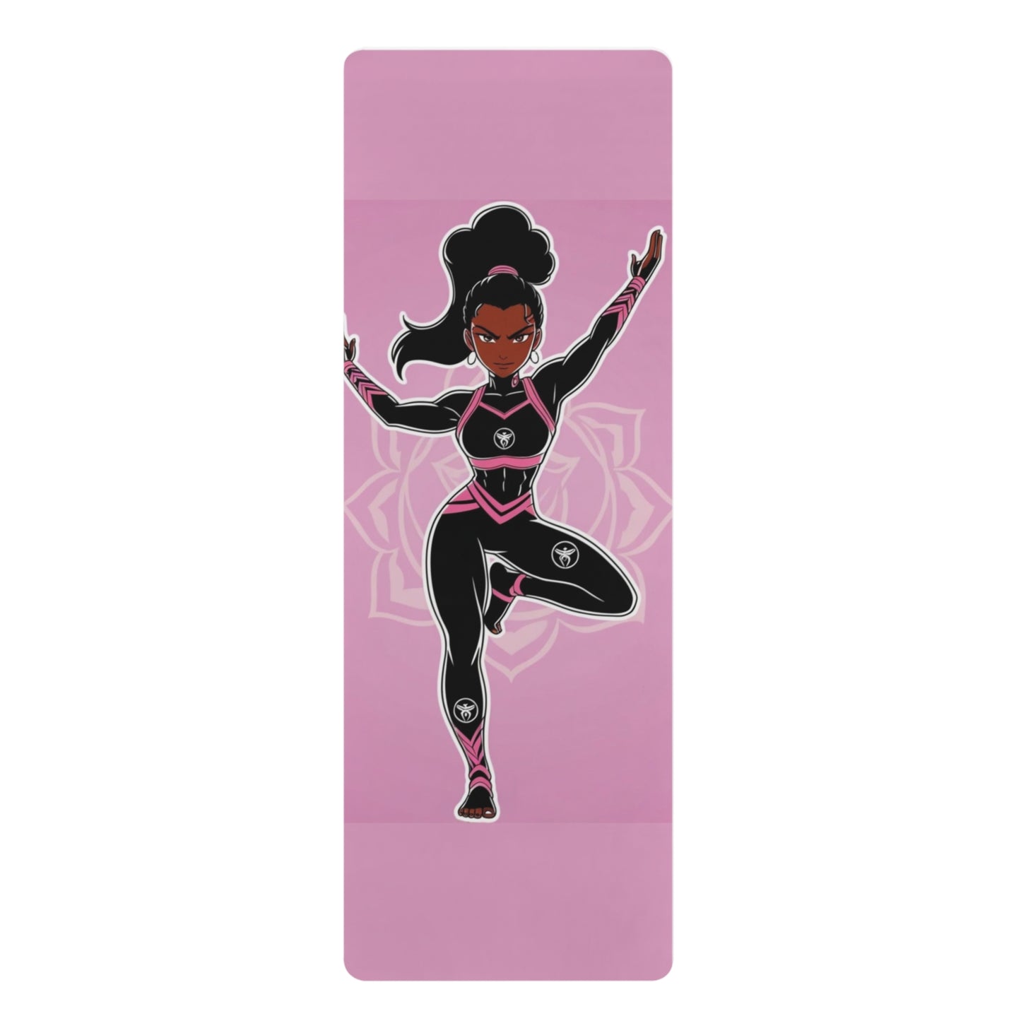 Pink yoga mat with a superhero-themed design of a woman in a dynamic pose.