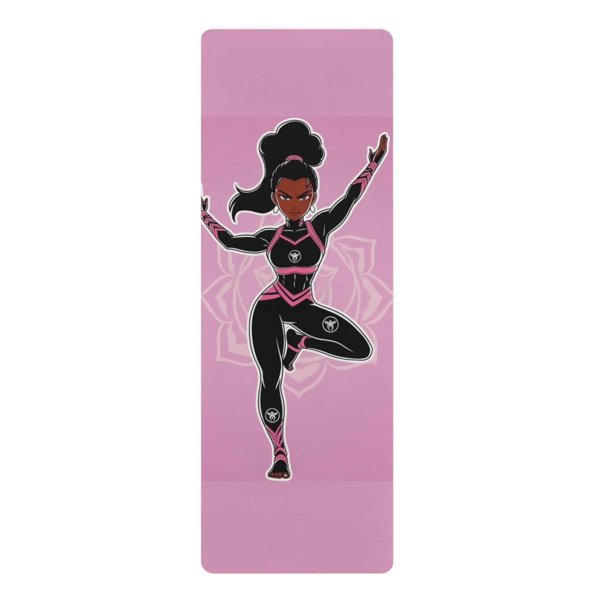 Pink yoga mat with a superhero-themed design of a woman in a dynamic pose.