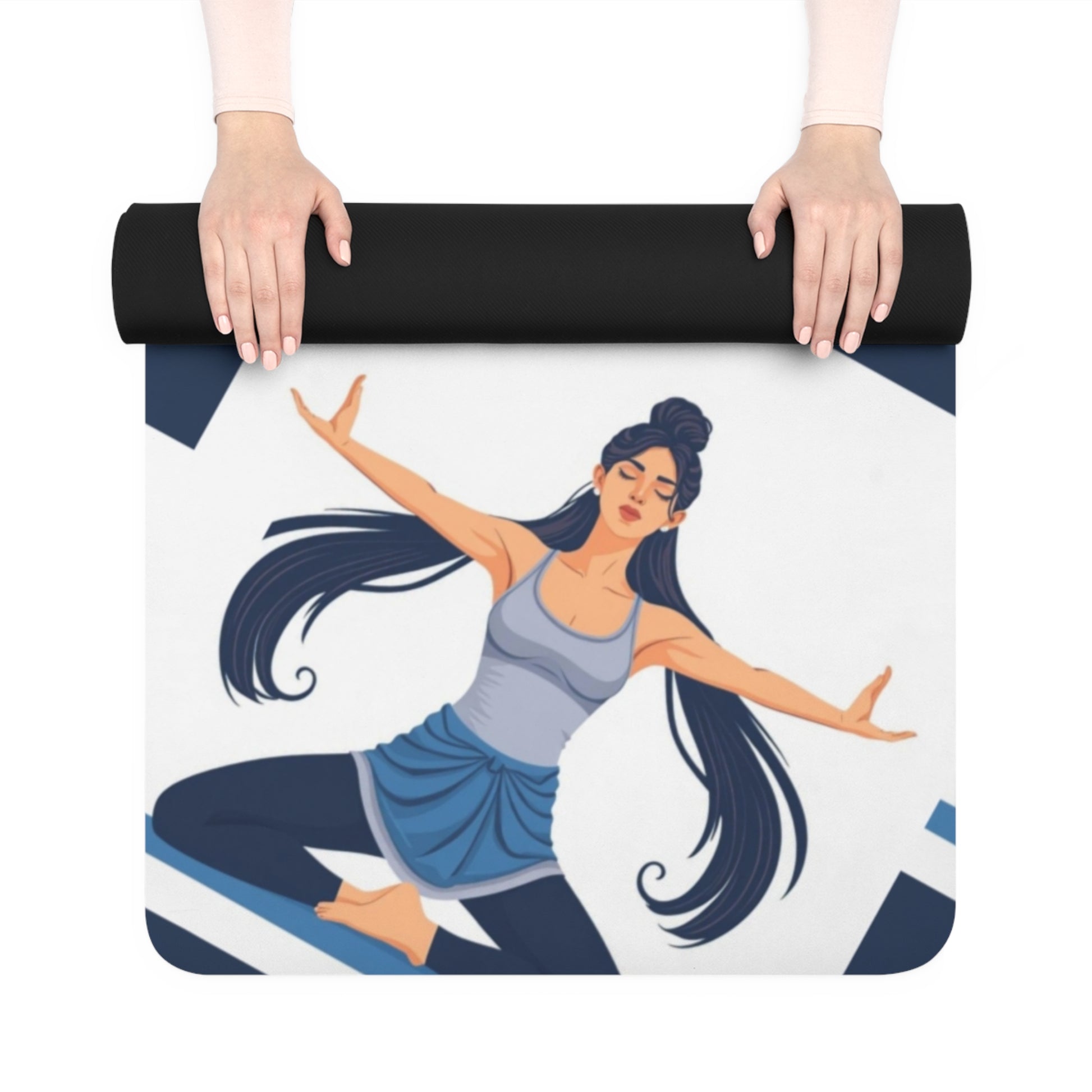 Yoga mat with a design of a woman in a yoga pose on a white background