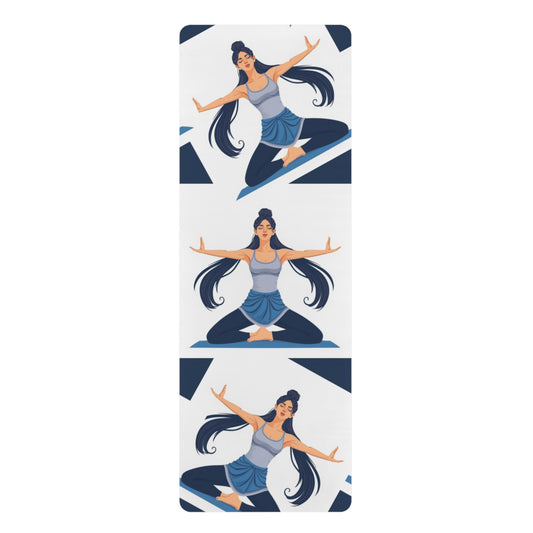 Yoga mat with illustrated design of a woman in various yoga poses on a white background. Soothing yoga mat with an ethereal anime character channeling air and water elements, in calming aqua tones with flowing hair and dynamic movement.