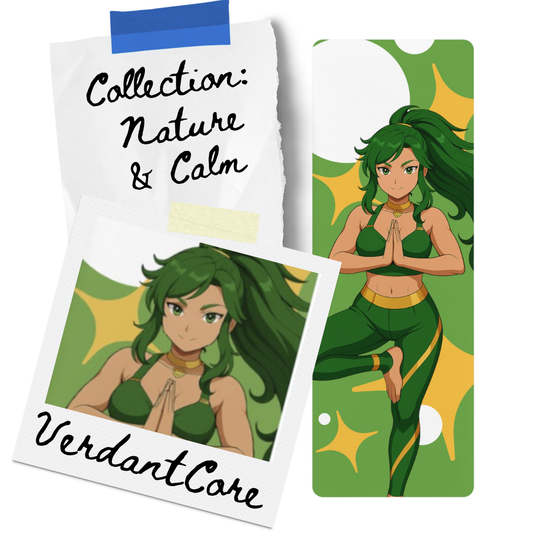 Anime yoga mat design titled Verdant Core featuring a green-haired heroine in a tree pose, part of the ASANIME Nature & Calm collection.