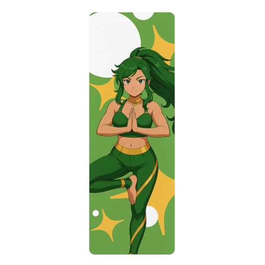 Nature-inspired yoga mat featuring a serene anime heroine in a forest setting, with green and earth tones symbolizing growth and balance.
