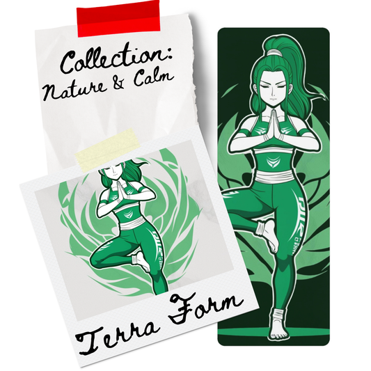 Sage Stretch anime yoga mat featuring a calm green-haired heroine in a tree pose, surrounded by mandala patterns and leafy forest tones from ASANIME’s Nature & Calm Collection.