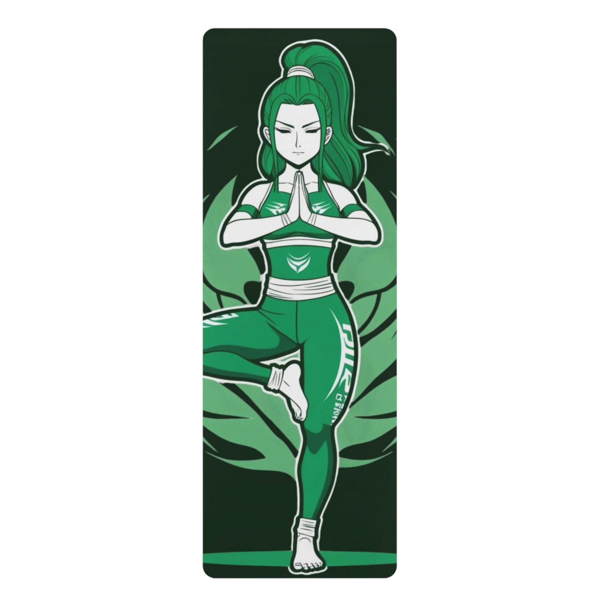 Verdant Pulse anime yoga mat featuring a calm green-haired heroine in a tree pose, surrounded by mandala patterns and leafy forest tones from ASANIME’s Nature & Calm Collection