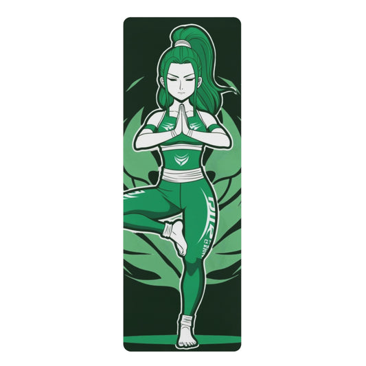 Verdant Pulse anime yoga mat featuring a calm green-haired heroine in a tree pose, surrounded by mandala patterns and leafy forest tones from ASANIME’s Nature & Calm Collection