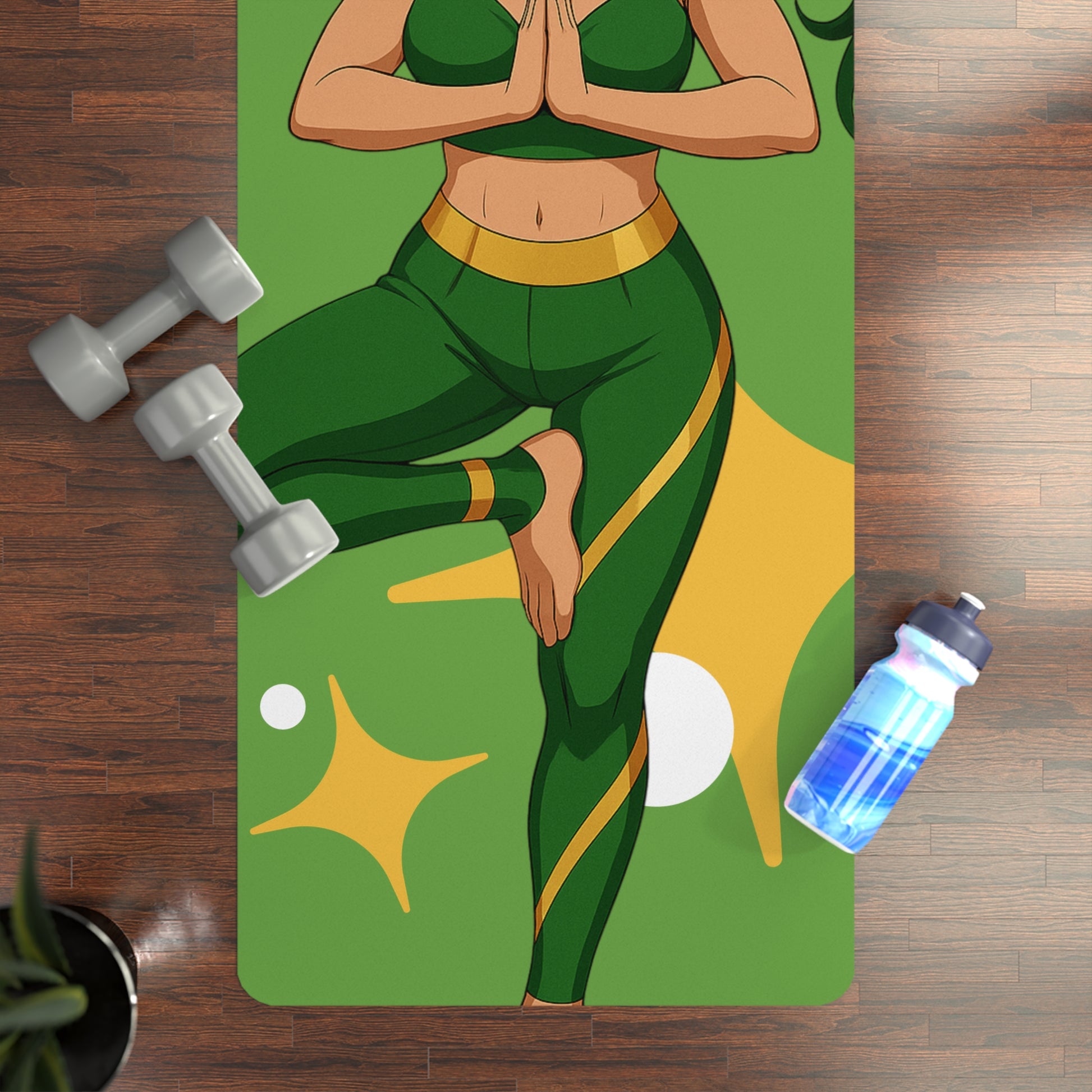 Yoga mat with a design of a person in green athletic wear on a wooden floor with dumbbells and a water bottle.
