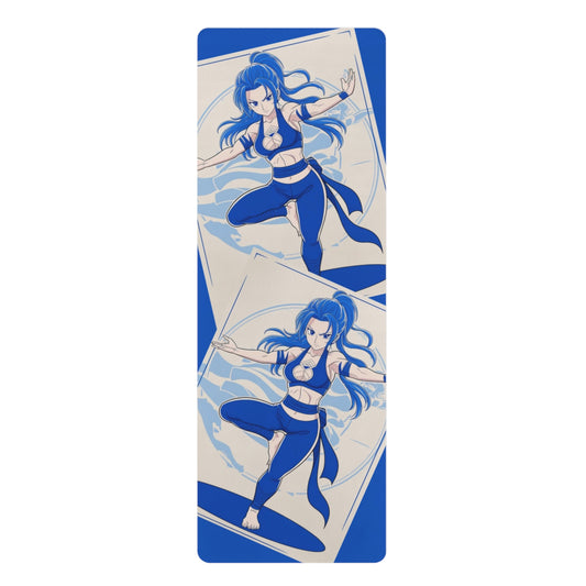 Natural rubber yoga mat with colorful arc pattern. Soothing yoga mat with an ethereal anime character channeling air and water elements, in calming aqua tones with flowing hair and dynamic movement.